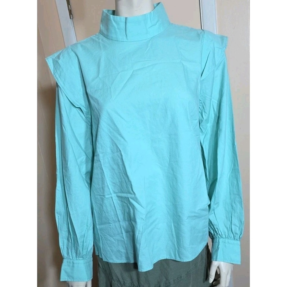 EVERLANE The Wing-Shoulder Mockneck‎ Top 10 Jade Green Cotton Blouse NWT B21